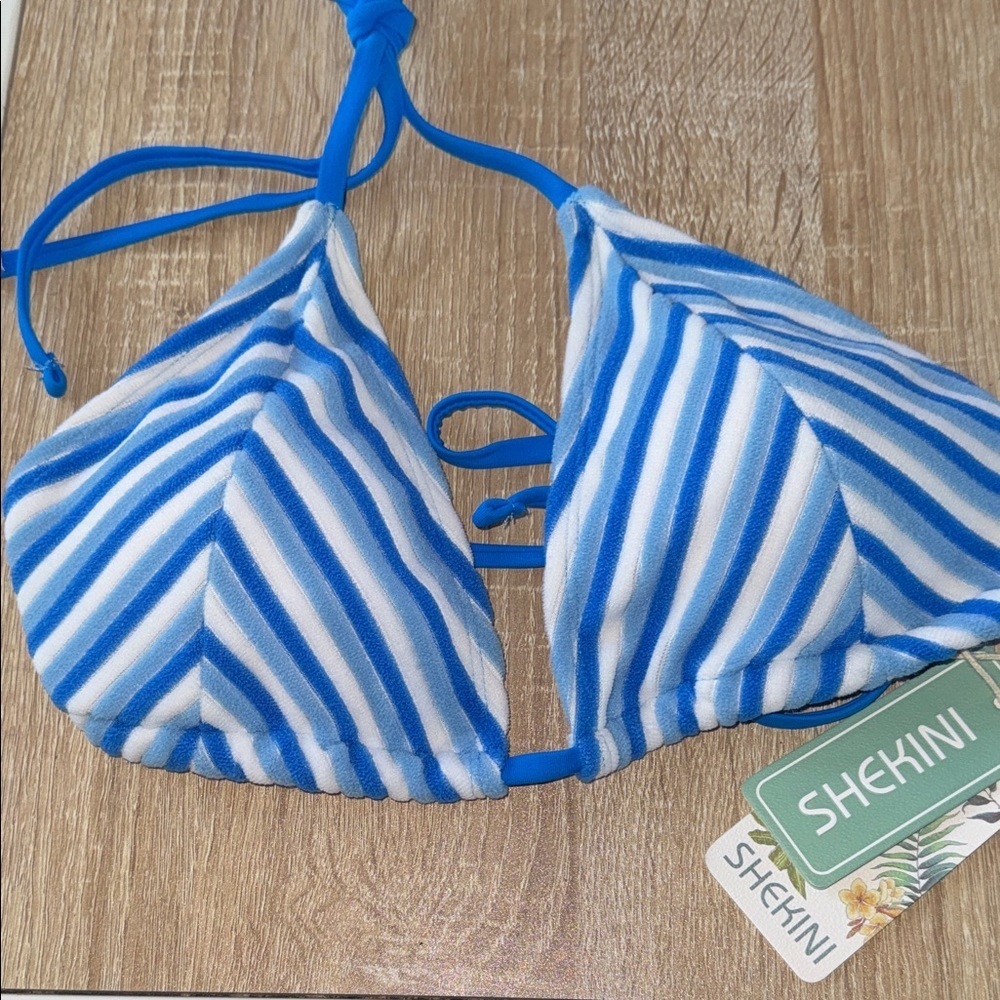 Shekini Blue and White Striped Bikini Top NEW medium terry cloth padded lined